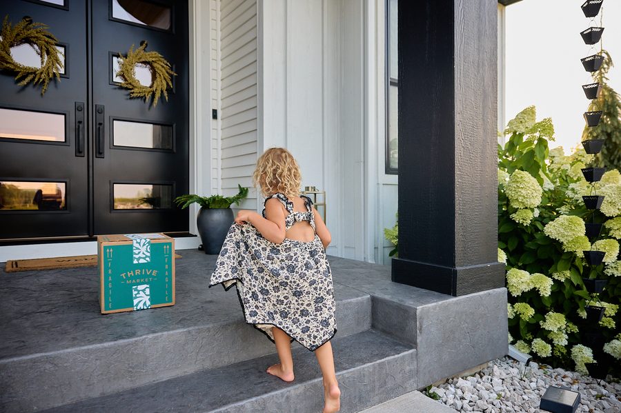 Thrive Market delivery box on the Dahlberg family front porch